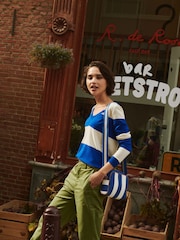 Boden Blue/White V-Neck Catriona Cotton Jumper - Image 1 of 7