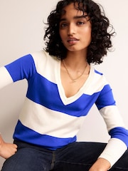Boden Blue/White V-Neck Catriona Cotton Jumper - Image 2 of 7