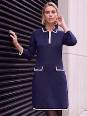 Roman Blue Contrast Zip Collared Knit Dress - Image 1 of 4