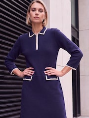 Roman Blue Contrast Zip Collared Knit Dress - Image 2 of 4