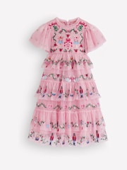 Boden Pink Embroidered Christmas Pattern Tulle Ruffle Dress - Image 1 of 4