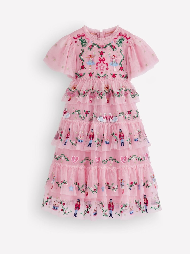 Boden Pink Embroidered Christmas Pattern Tulle Ruffle Dress - Image 1 of 4 Boden Pink Embroidered Christmas Pattern Tulle Ruffle Dress - Image 1 of 4