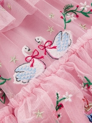 Boden Pink Embroidered Christmas Pattern Tulle Ruffle Dress - Image 3 of 4