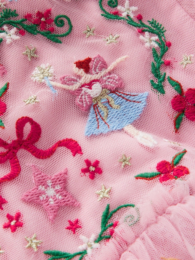 Boden Pink Embroidered Christmas Pattern Tulle Ruffle Dress - Image 4 of 4 Boden Pink Embroidered Christmas Pattern Tulle Ruffle Dress - Image 4 of 4