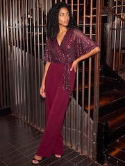 Roman Purple Sequin Flutter Sleeve Stretch Jumpsuit - Image 1 of 4