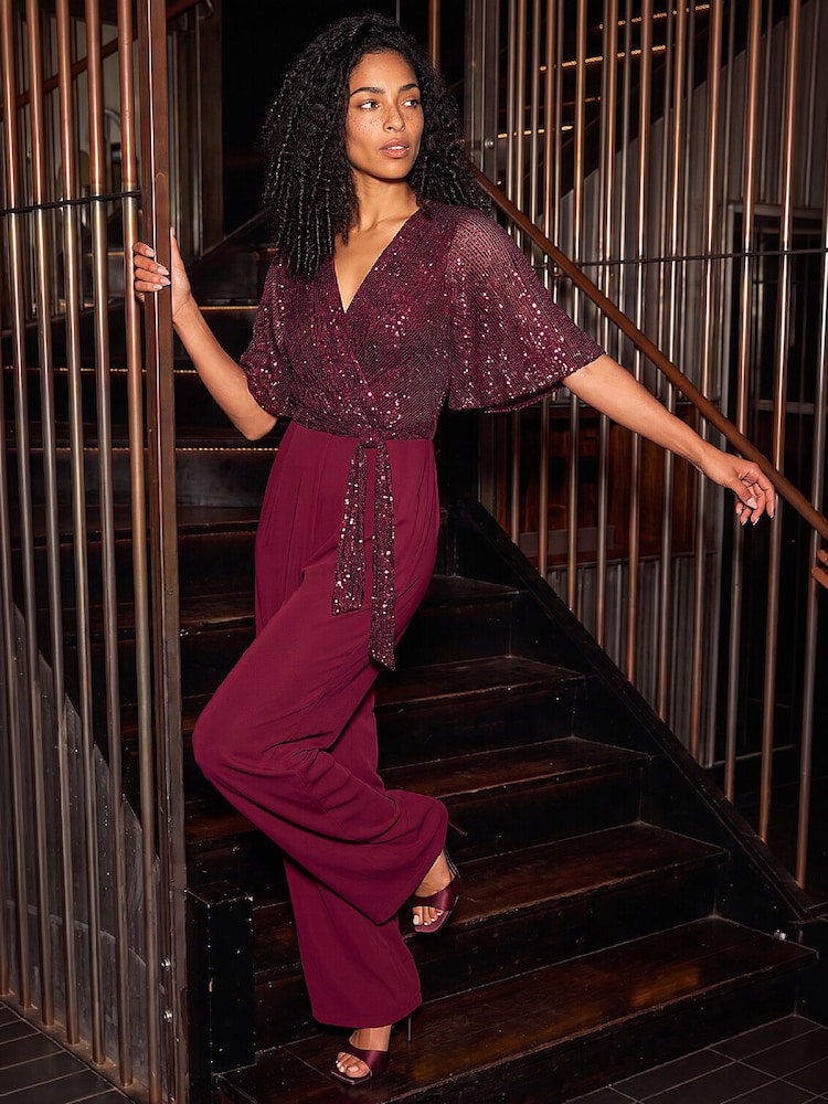 Roman Purple Sequin Flutter Sleeve Stretch Jumpsuit - Image 2 of 4 Roman Purple Sequin Flutter Sleeve Stretch Jumpsuit - Image 2 of 4