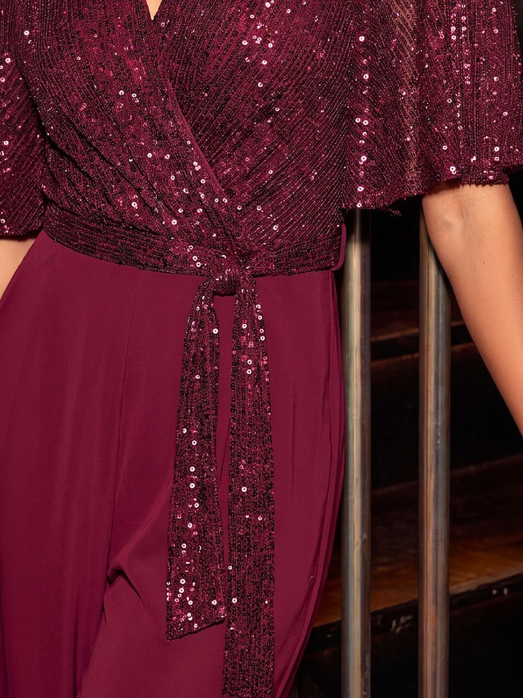 Roman Purple Sequin Flutter Sleeve Stretch Jumpsuit - Image 4 of 4 Roman Purple Sequin Flutter Sleeve Stretch Jumpsuit - Image 4 of 4