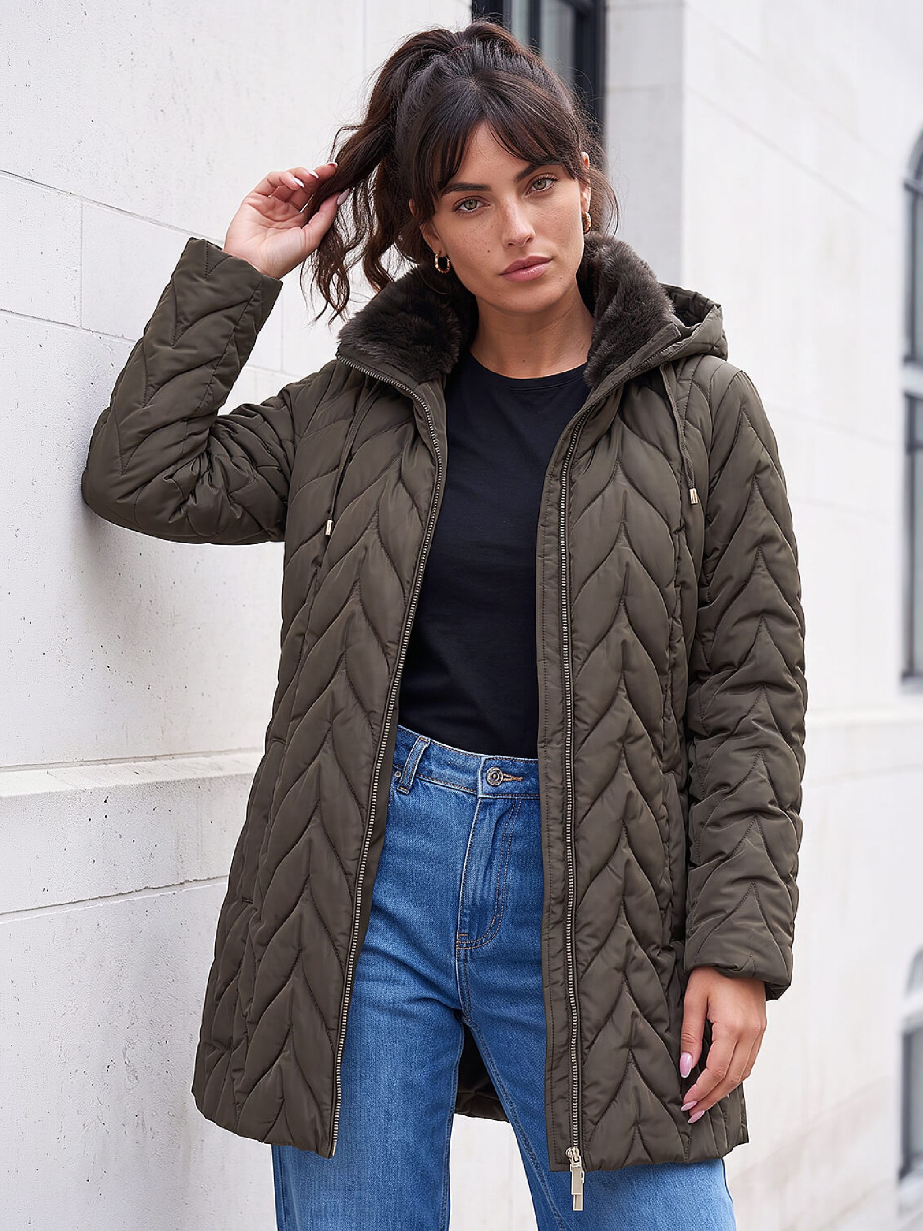Roman Womens Hooded Padded Zig Zag Midi Coat, Green, Size 14, Women - Image 3