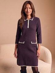 Roman Brown Contrast Zip Collared Knit Dress - Image 1 of 4