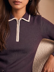 Roman Brown Contrast Zip Collared Knit Dress - Image 4 of 4