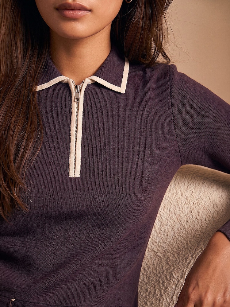 Roman Brown Contrast Zip Collared Knit Dress - Image 4 of 4 Roman Brown Contrast Zip Collared Knit Dress - Image 4 of 4