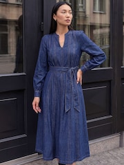 Bleu - Robe Roman à empiècements Ceinturée Mi-longue - Image 1 de 4
