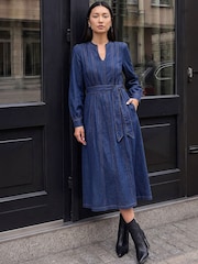 Bleu - Robe Roman à empiècements Ceinturée Mi-longue - Image 2 de 4
