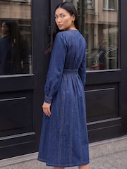 Bleu - Robe Roman à empiècements Ceinturée Mi-longue - Image 3 de 4