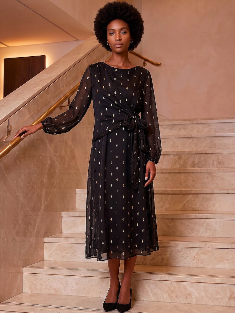 Roman Black Dobbie Wrap Dress - Image 2 of 4 Roman Black Dobbie Wrap Dress - Image 2 of 4