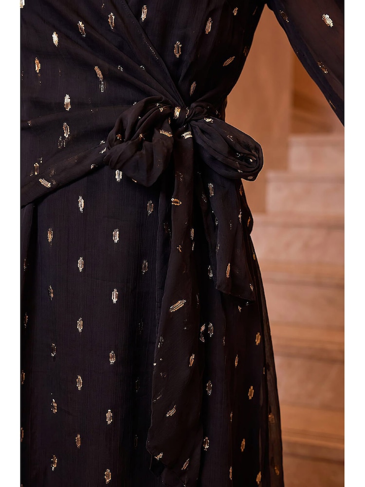 Roman Black Dobbie Wrap Dress - Image 4 of 4 Roman Black Dobbie Wrap Dress - Image 4 of 4