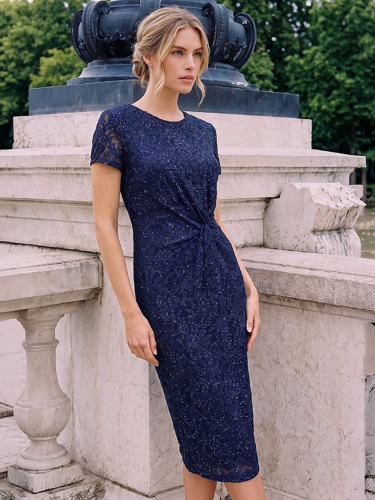 Roman Blue Lace Twist Stretch Dress - Image 1 of 4 Roman Blue Lace Twist Stretch Dress - Image 1 of 4