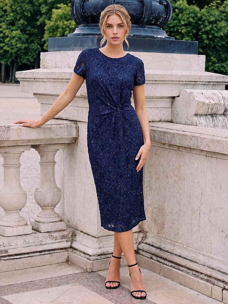 Roman Blue Lace Twist Stretch Dress - Image 2 of 4 Roman Blue Lace Twist Stretch Dress - Image 2 of 4
