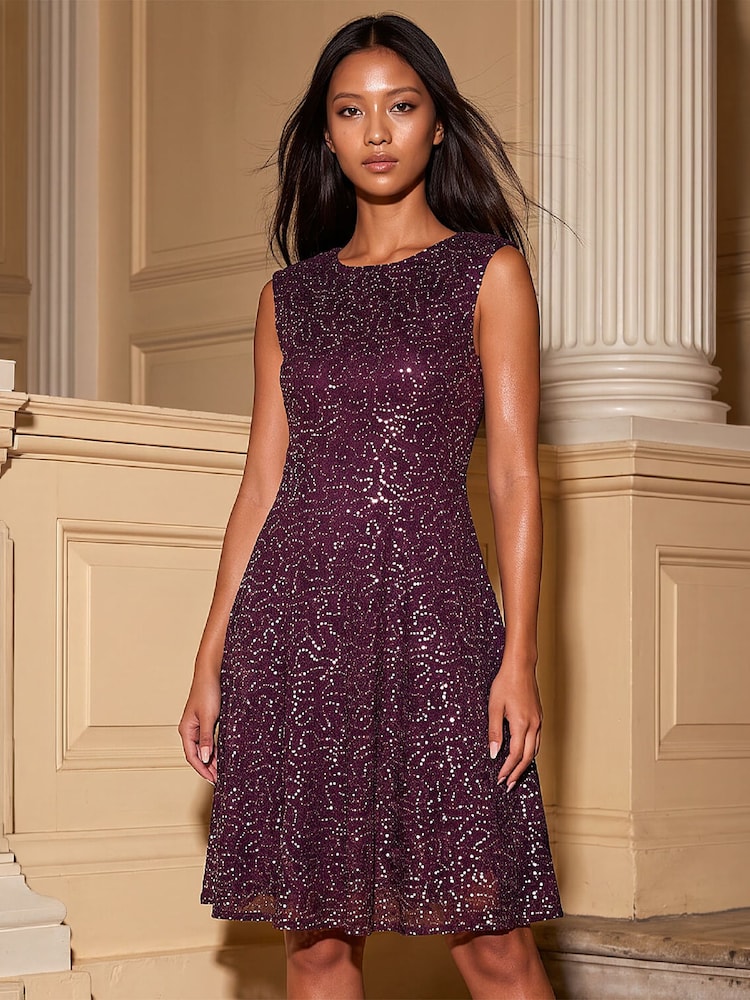Roman Red Petite Sequin Lace Dress - Image 1 of 4 Roman Red Petite Sequin Lace Dress - Image 1 of 4