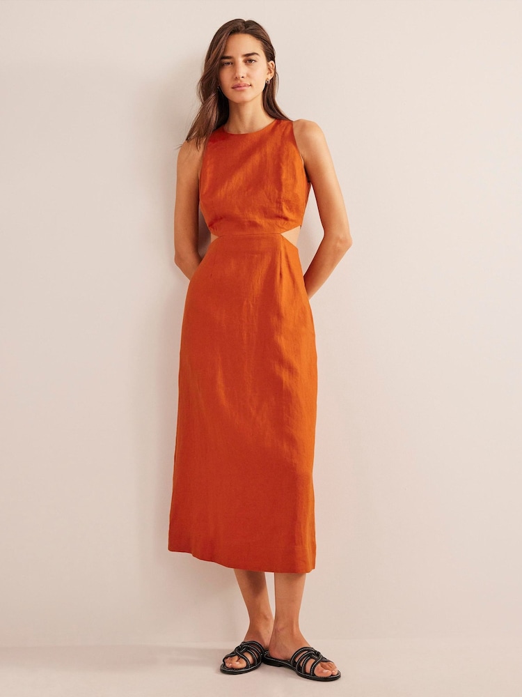 Boden Orange Cut-Out Linen Midi Dress - Image 3 of 6