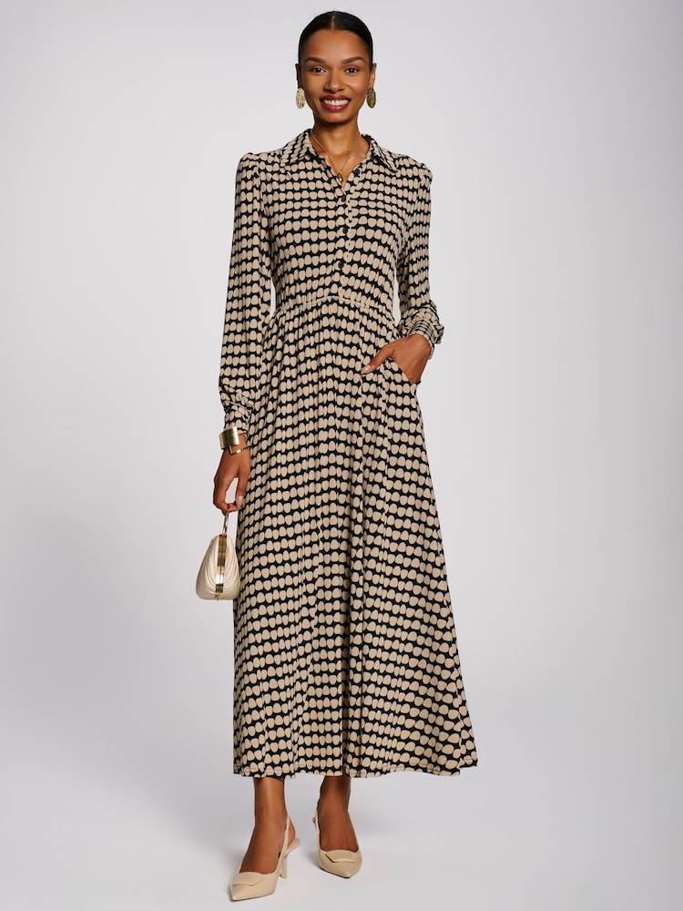 Jolie Moi Stone/Black Long Sleeve Shirt Jersey Maxi Dress - Image 1 of 6