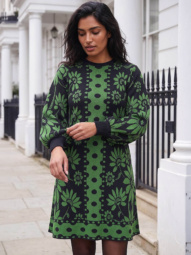 Roman Green Spot Floral Knit Dress - Image 1 of 4