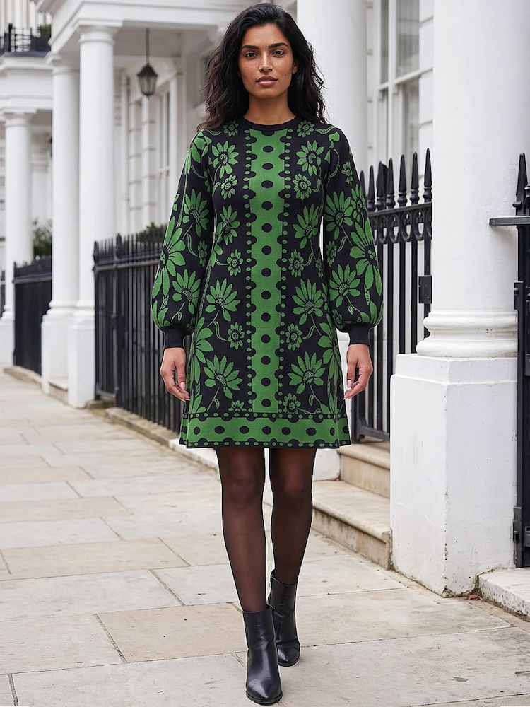 Roman Green Spot Floral Knit Dress - Image 2 of 4