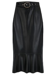 Pour Moi Black Phoebe Frill Hem Faux Leather Belted Midi Skirt - Image 3 of 4