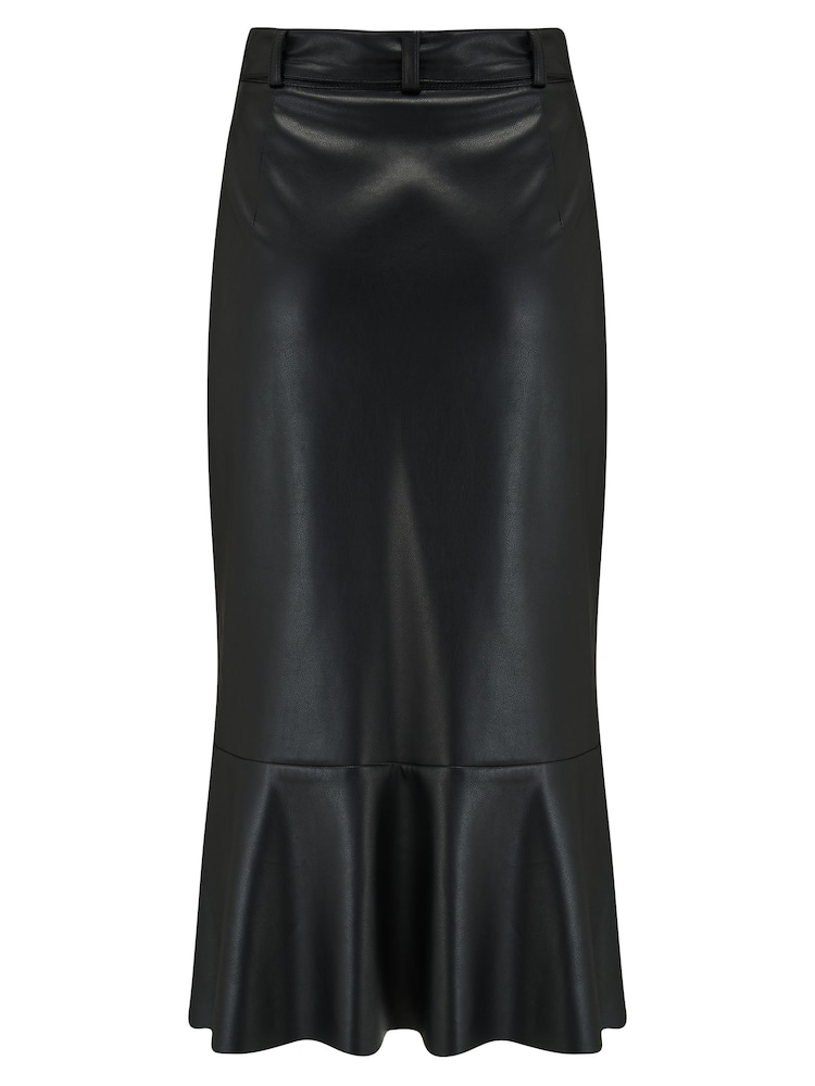 Pour Moi Black Phoebe Frill Hem Faux Leather Belted Midi Skirt - Image 4 of 4