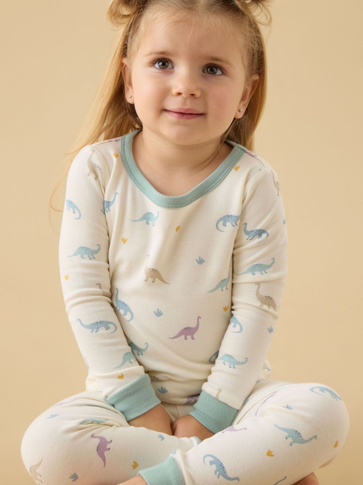 MORI Cream Dino Print Supersoft Pyjamas Set - Image 1 of 6