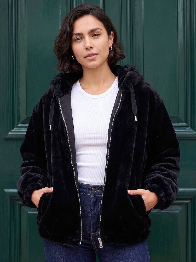Roman Black Faux Fur Hood Jacket - Image 1 of 4