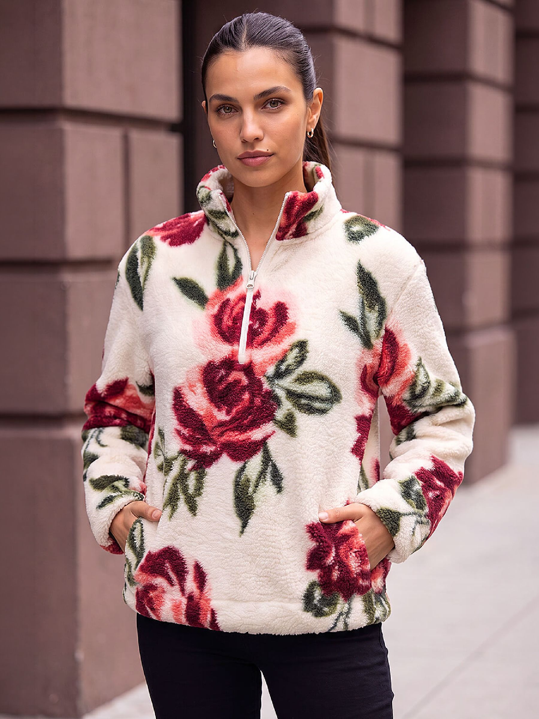 Roman Women's Ivory Rose Print Zip Fleece Jacket Size 20 - Image 4