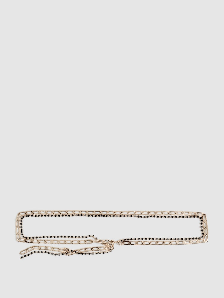 Reiss Gold/Black Isla Adjustable Double Chain Rhinestone Belt - Image 2 of 4