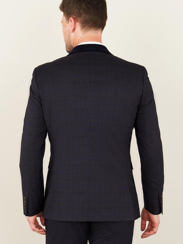 Navy Blue Slim Fit Trimmed Check Suit: Jacket - Image 2 of 11