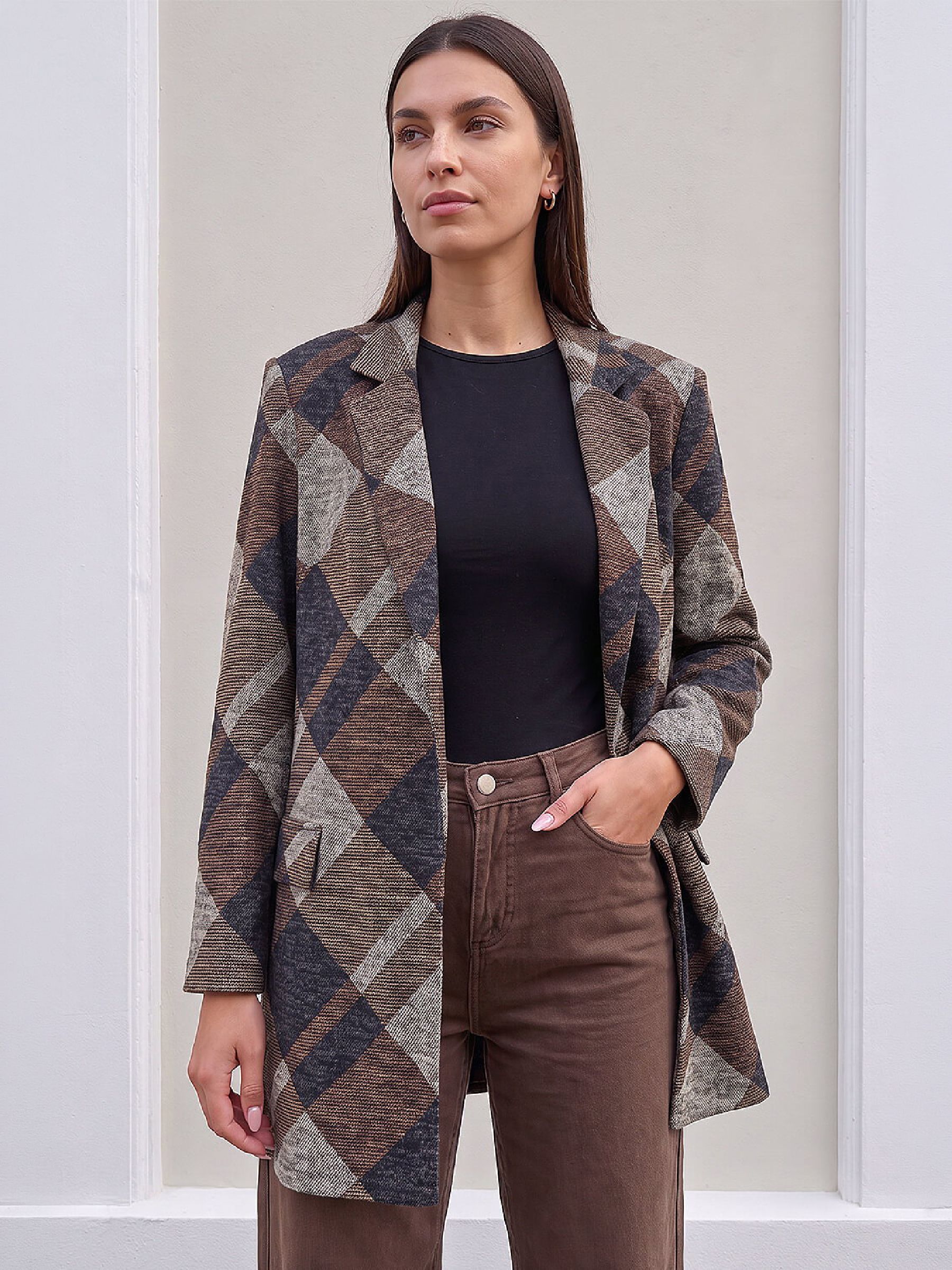 Roman Women's Check Edge To Edge Jacket in Chocolate | Size: 18 - Image 2