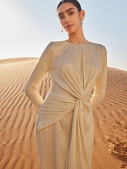 Gold Plisse Long Sleeve Knotted Dress - Image 1 of 6