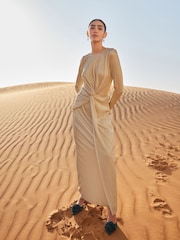 Gold Plisse Long Sleeve Knotted Dress - Image 2 of 6