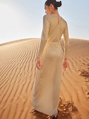 Gold Plisse Long Sleeve Knotted Dress - Image 3 of 6