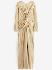 Gold Plisse Long Sleeve Knotted Dress - Image 5 of 6