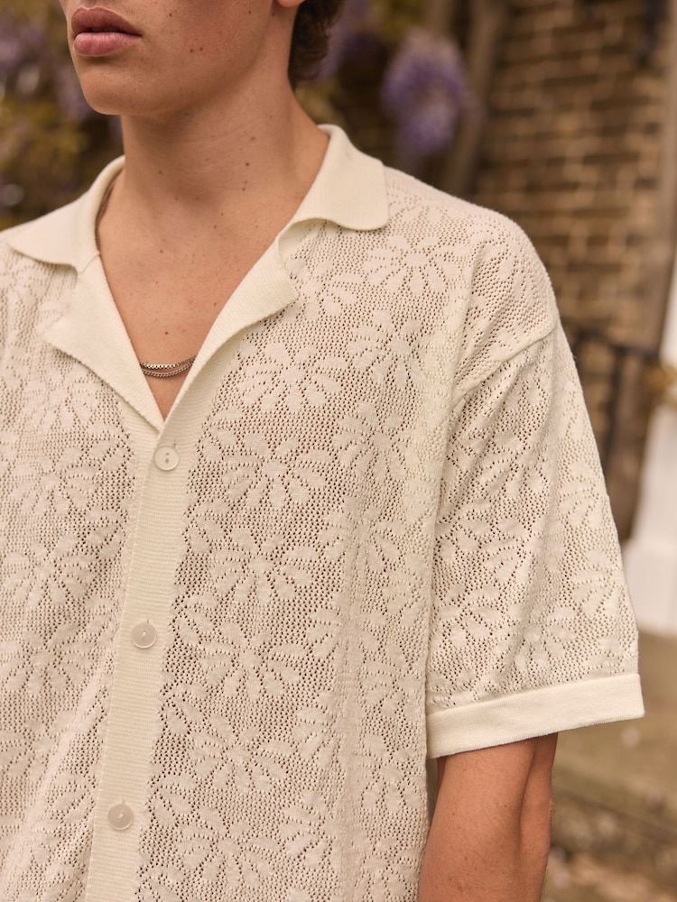 Edit Ecru White Flower Relaxed Crochet Button Through 100% Cotton Shirt - Image 1 of 7 Edit Ecru White Flower Relaxed Crochet Button Through 100% Cotton Shirt - Image 1 of 7