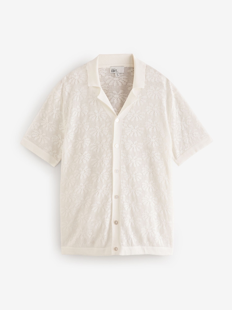 Uredi bež bela cvet - Relaxed Crochet z gumbi po celotni dolžnosti 100% Cotton srajce - Slika 7 iz 7