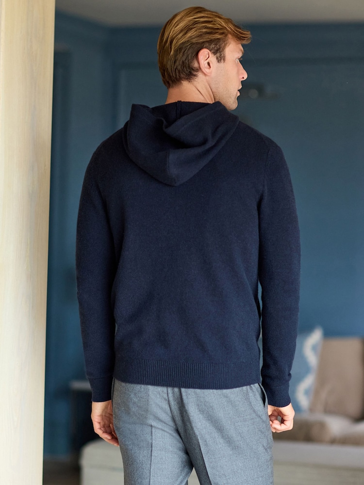 Navy Blue Regular Fit 100% Merino Signature Zip Up Hoodie - Image 3 of 10