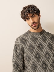 Brown Relaxed Fit Cotton Rich Geometric Pattern Crew Jumper - Image 1 of 6