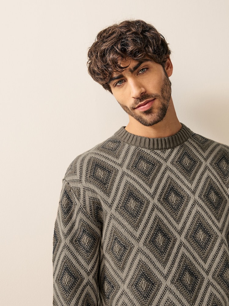 Brown Relaxed Fit Cotton Rich Geometric Pattern Crew Jumper - Image 1 of 6