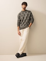 Brown Relaxed Fit Cotton Rich Geometric Pattern Crew Jumper - Image 3 of 6