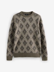 Brown Relaxed Fit Cotton Rich Geometric Pattern Crew Jumper - Image 4 of 6