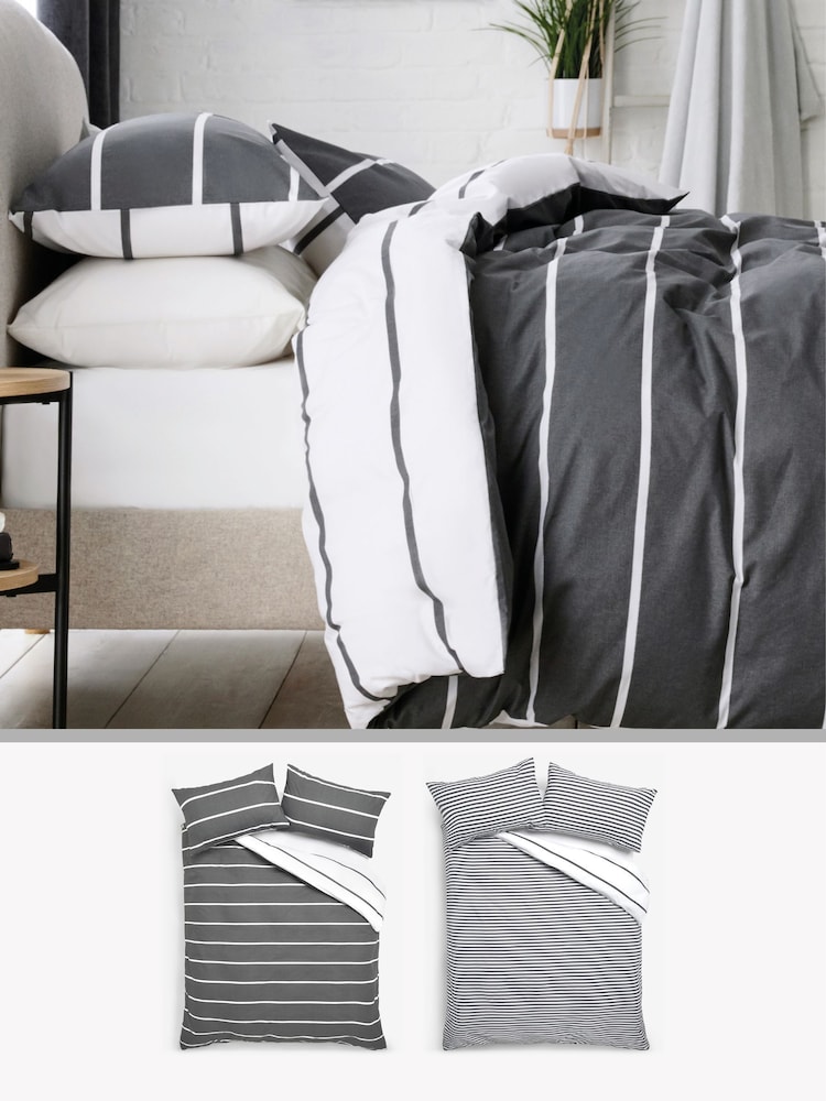 2 Pack Grey Stripe Reversible Duvet Cover and Pillowcase Set - Image 1 of 8