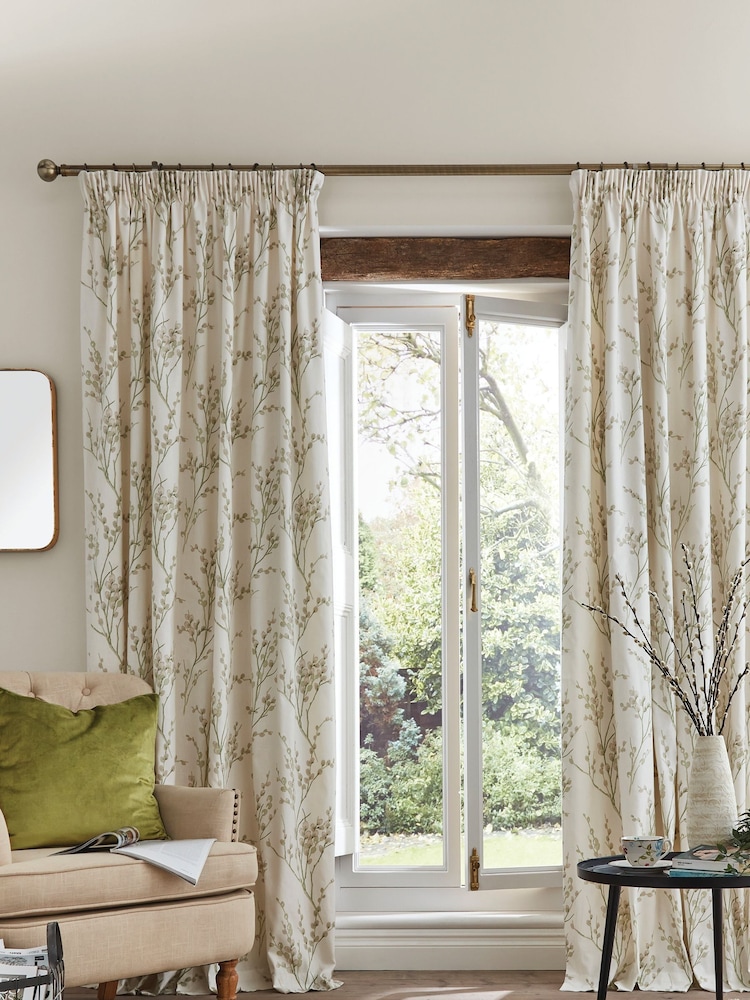 Laura Ashley Hedgerow Green 100% Cotton Pussy Willow Lined Pencil Pleat Curtains - Image 1 of 3