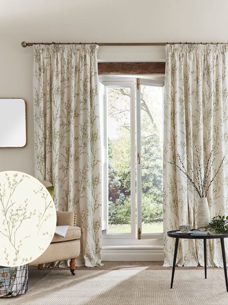 Laura Ashley Hedgerow Green 100% Cotton Pussy Willow Lined Pencil Pleat Curtains - Image 2 of 3
