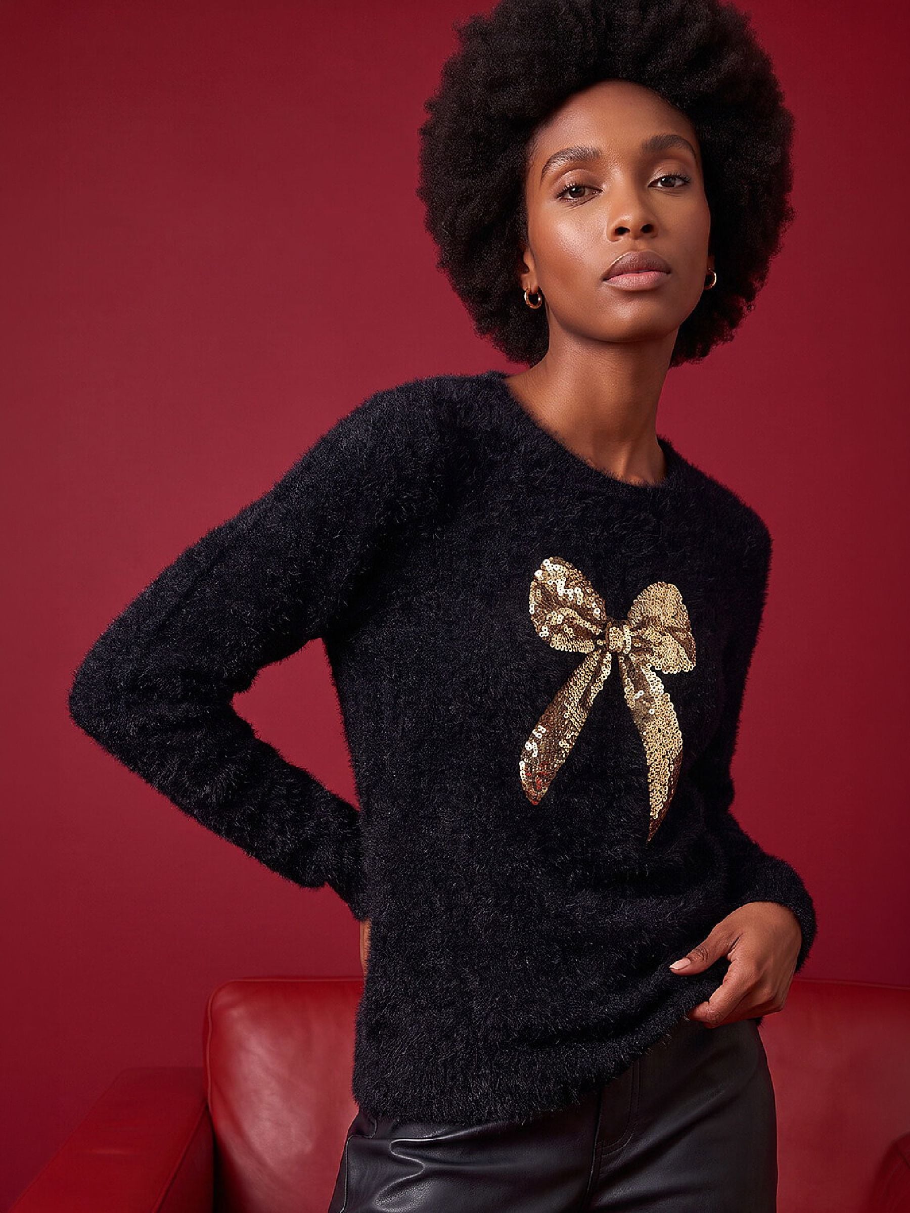 Roman Women's Black Soft Knit Sequin Bow Blouse - Image 1
